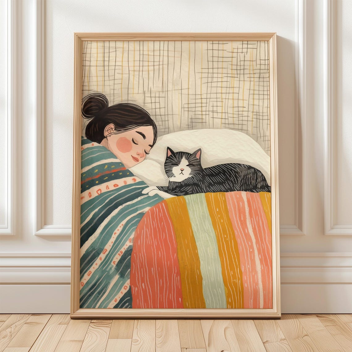 Cozy Woman Sleeping With Black Cat Whimsical Bedroom Illustration Poster