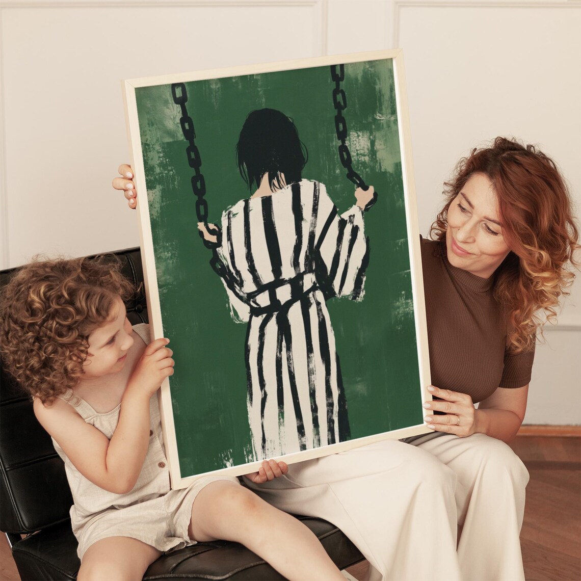 Woman On Swing In Stripes Emerald Green Abstract Portrait Poster - Image 4