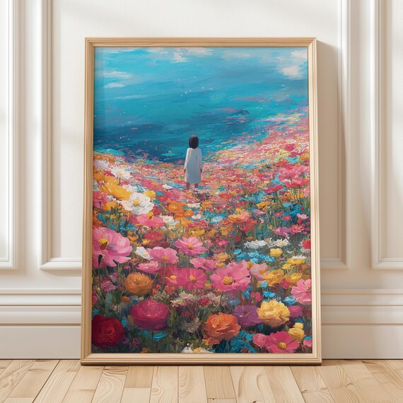 Girl In Blooming Field Art Print, Floral Landscape