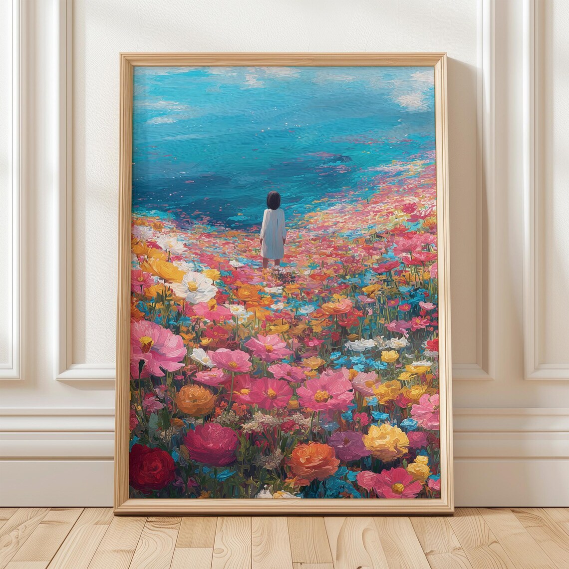 Girl In Blooming Field Art Print, Floral Landscape