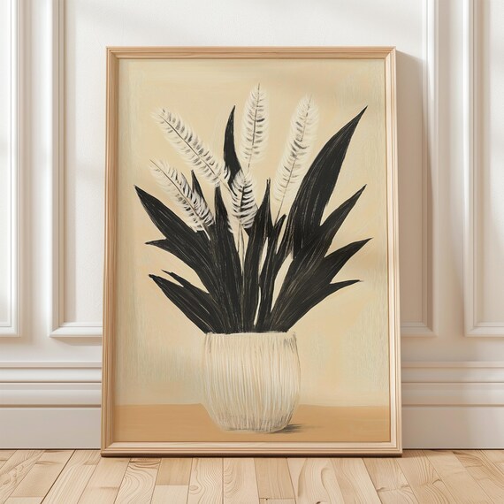 Minimal Black Leaf Plant White Vase Neutral Botanical Wall Art