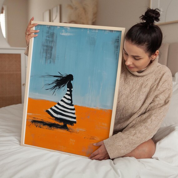Silhouette Woman in Striped Dress Blue Sky Orange Ground Poster