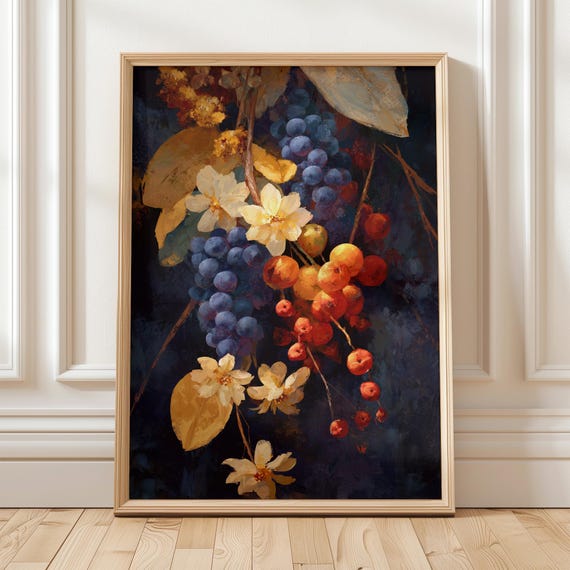 Autumn Fruit And Floral Wall Art Print Vintage Still Life Grapes Flowers Painting Dark Elegant Fall Kitchen Decor