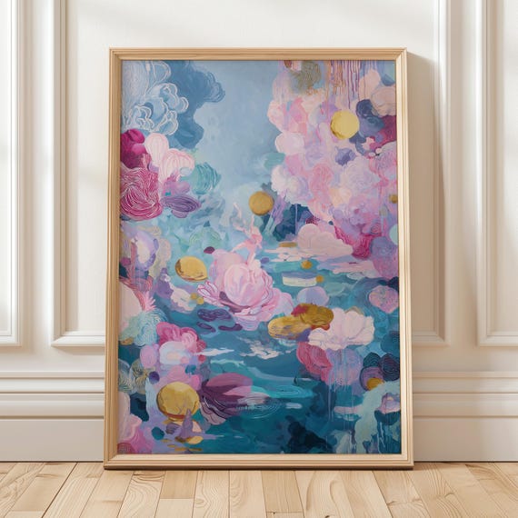 Surreal Pastel Abstract Art With Gold Accents Flowing Organic Shapes Pink And Blue Dreamlike Painting Modern Fantasy