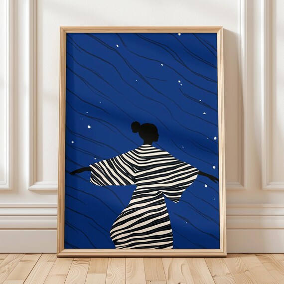 Abstract Female Art Blue Night Sky Black And White Striped Dress Modern Wall Art Print Contemporary Home Decor