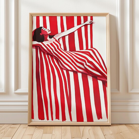 Reclining Woman in Red and White Flowing Striped Dress Poster