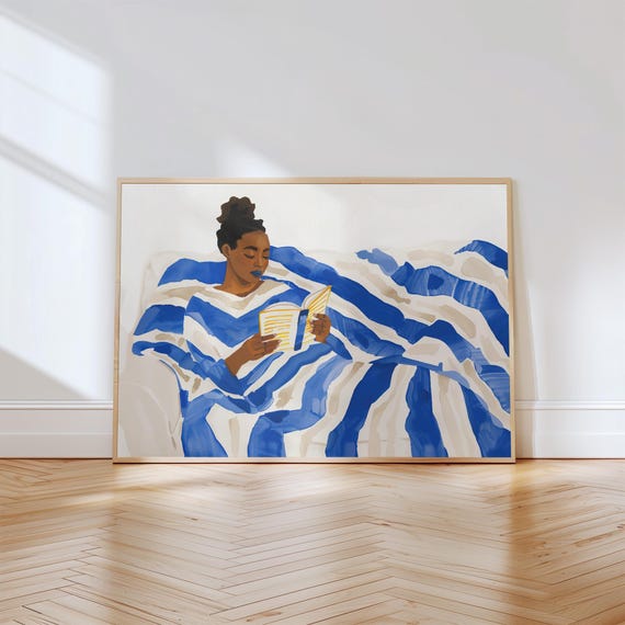 Blue Striped Woman Reading Print Bold Minimalist Wall Art Abstract People Poster Cozy Reading Corner Art Illustration Decor
