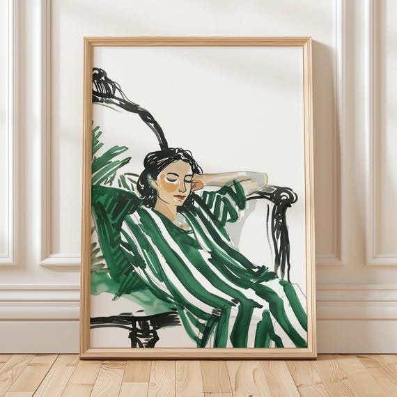Green Striped Dress Art Woman Relaxing Illustration Minimalist Fashion Poster Modern Wall Print Calm Figure Drawing Elegant Decor