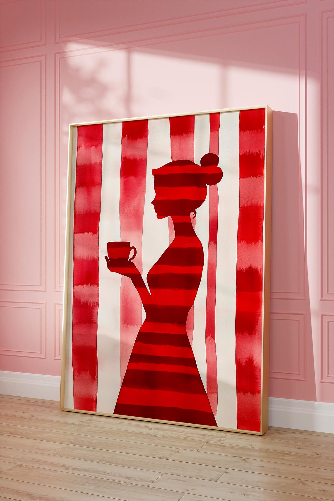 Red Striped Woman With Coffee Art Modern Abstract Print Bold Minimalist Wall Art Poster Contemporary Artwork - Image 4