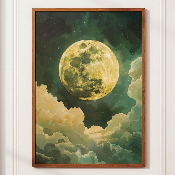 Full Golden Moon Rising Above Cream Clouds Starry Night Poster