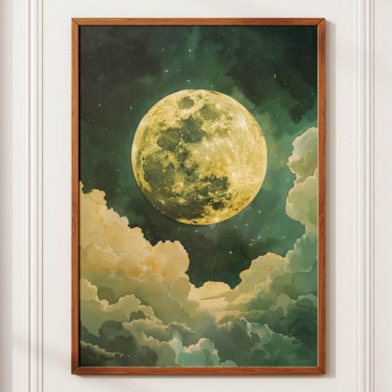 Golden Moon Art Lunar Wall Decor Lunar Poster Celestial Gallery Painting Moon Vintage Portrait Moon Home Art Cloudy Moon Print