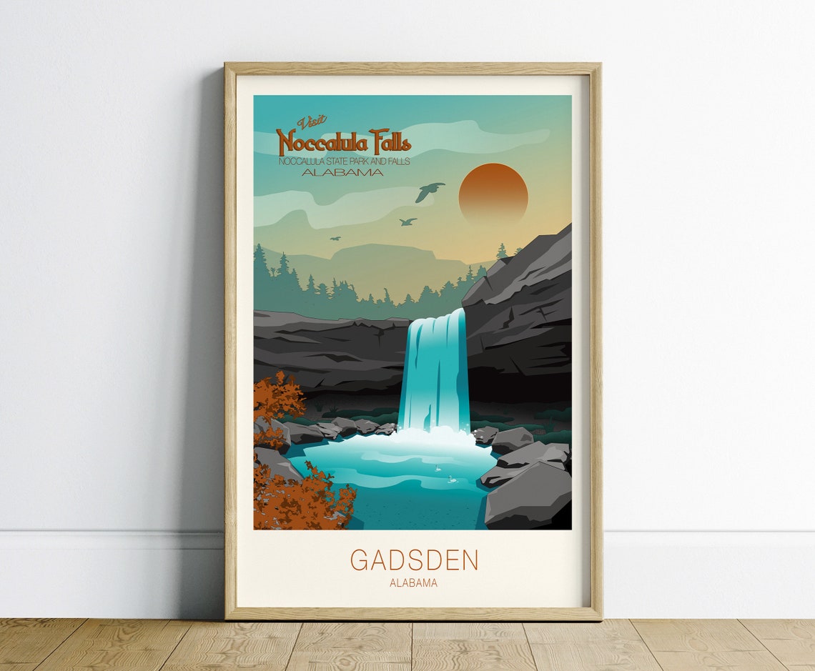 Noccalula Falls Alabama Retro Travel Poster Gadsden Waterfall