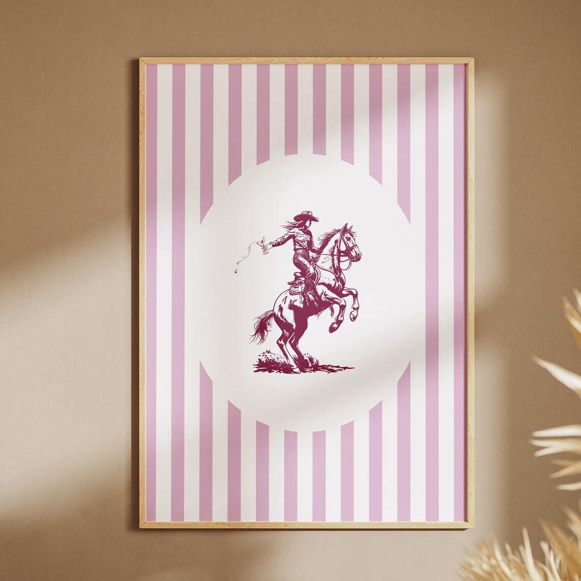 Cowgirl on Rearing Horse Pink Striped Western Rodeo Art Poster