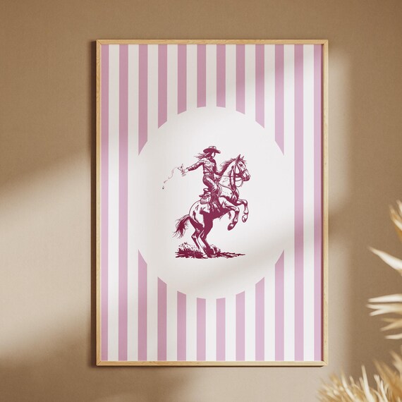 Cowgirl on Rearing Horse Pink Striped Western Rodeo Art Poster
