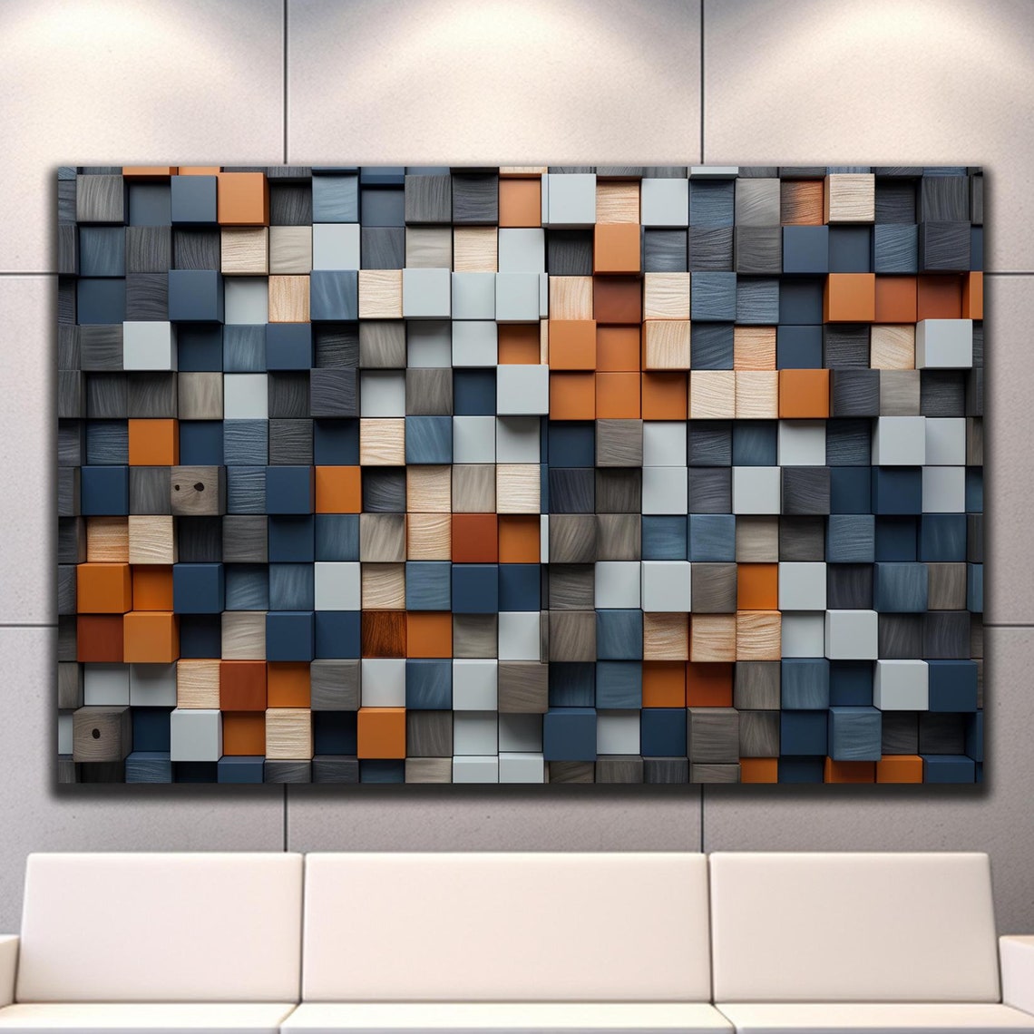 Gray Orange Navy Blue 3D Wooden Cube Block Geometric Wall Art