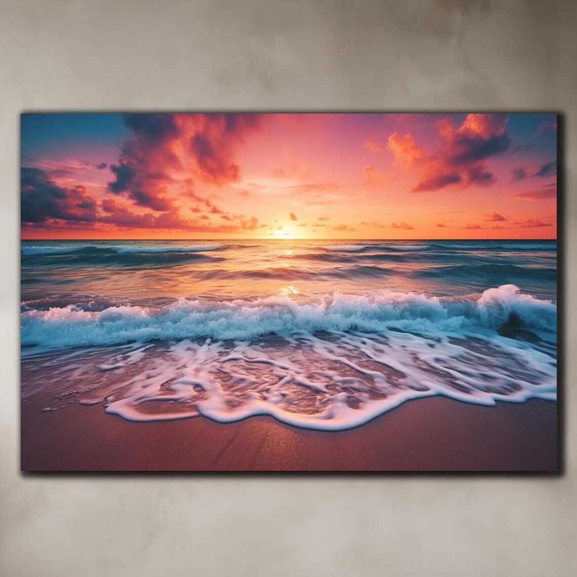 Pink Sunset Beach Waves Washing Sand Tropical Ocean View Poster