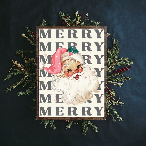 Vintage Santa Merry Repeat Text Christmas Holiday Decor Poster