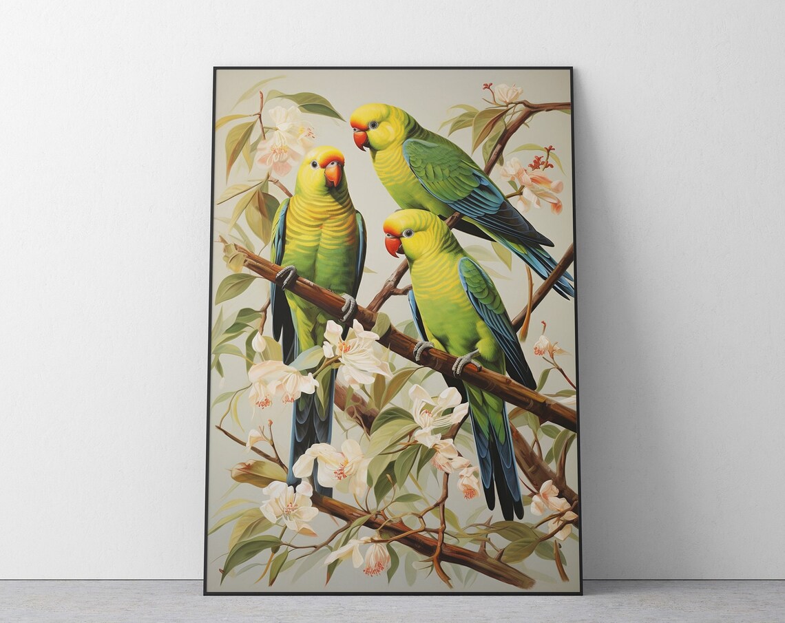 Three Carolina Parakeets on a Blossoming Branch Vintage Poster
