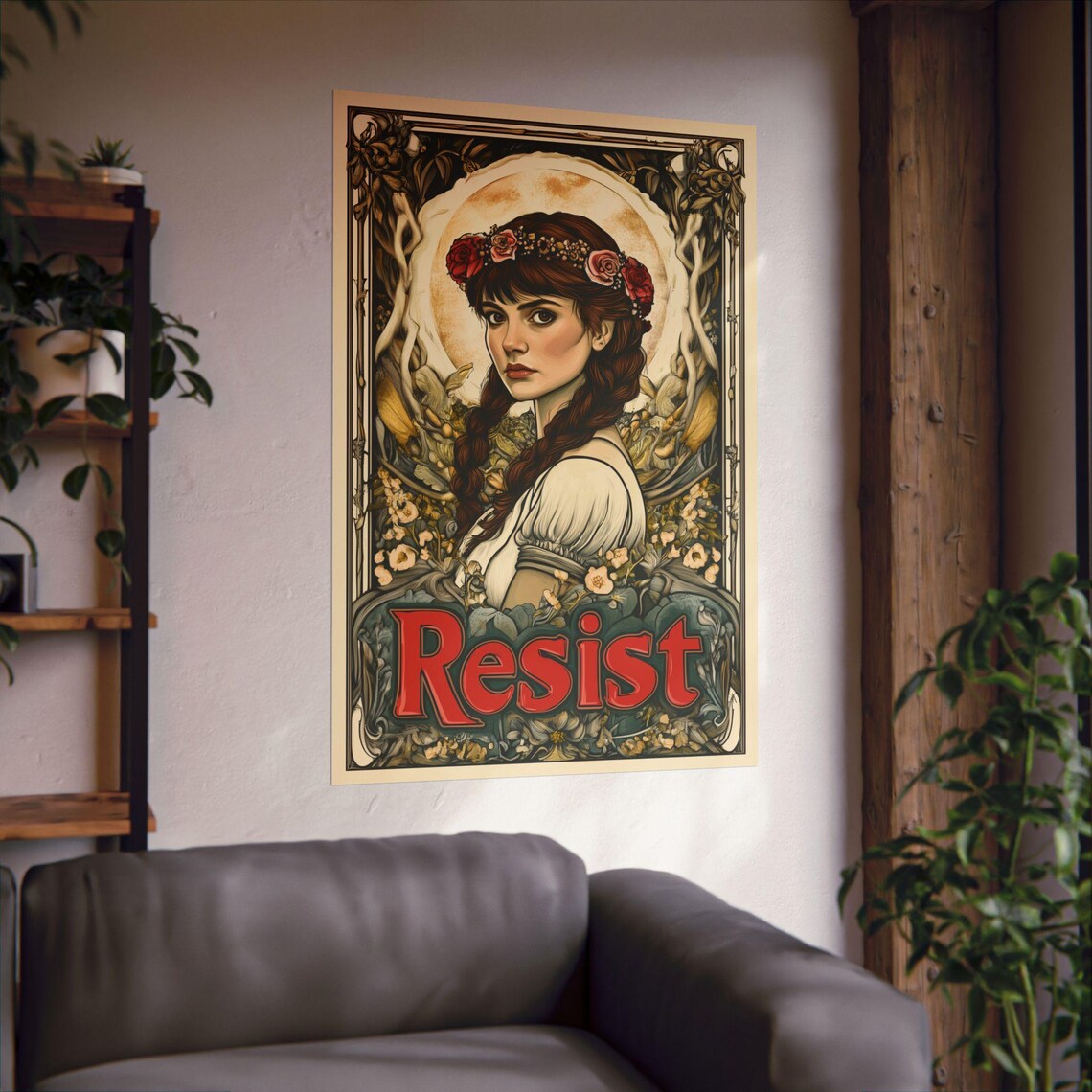 Resist Art Nouveau Rose Crown Woman Vintage Floral Boho Art Poster - Image 2