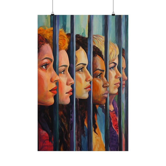 Diverse Women United Behind Bars Colorful Portrait Art Poster