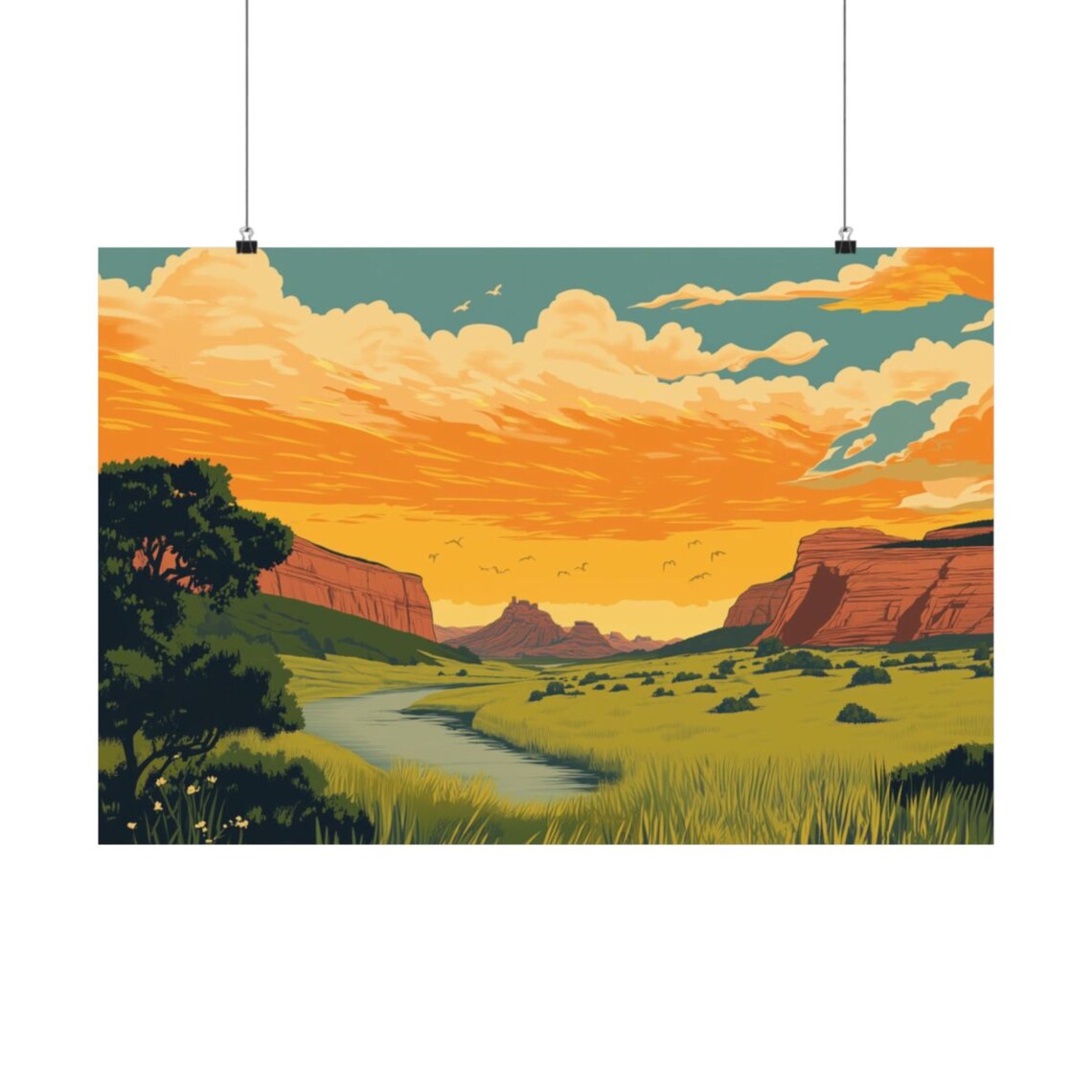 Red Rock Canyon River Sunset Vintage Travel Desert Art Poster