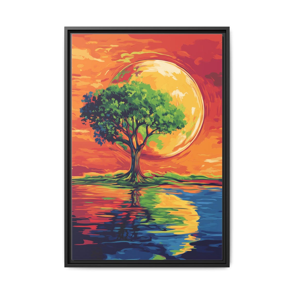 Lone Tree Before Giant Golden Sun Mirrored in Water Landscape Print - Image 4