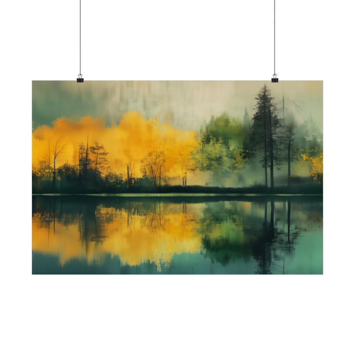 Misty Golden Lake Autumn Reflection Serene Nature Art Poster