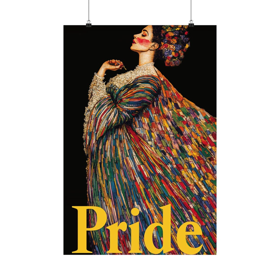 Pride Elegant Woman Rainbow Brushstroke Gown Dark Background Poster