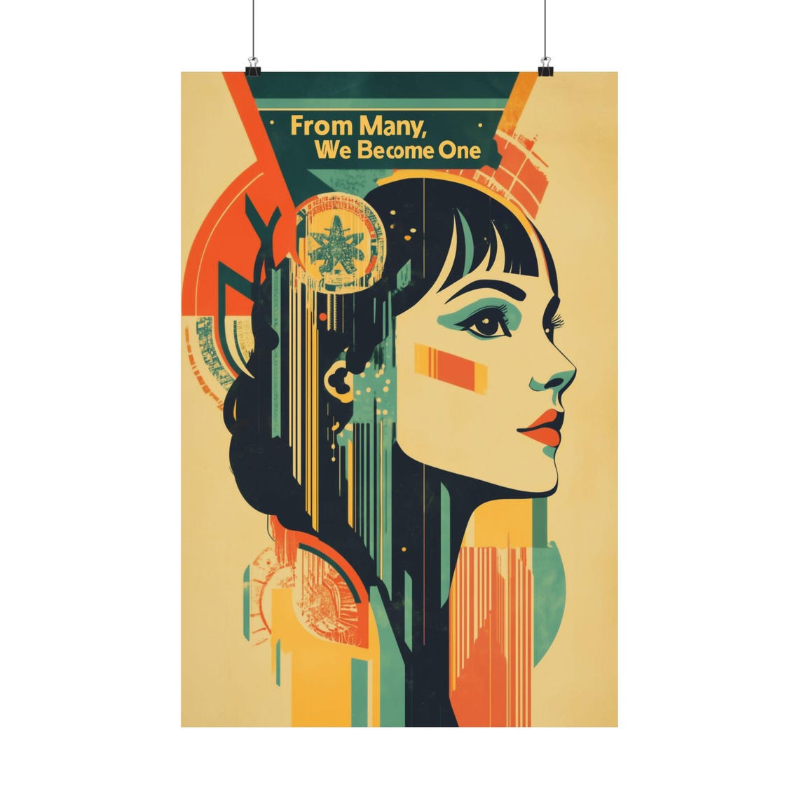 From Many We Become One Art Deco Retro Bold Woman Unity Poster