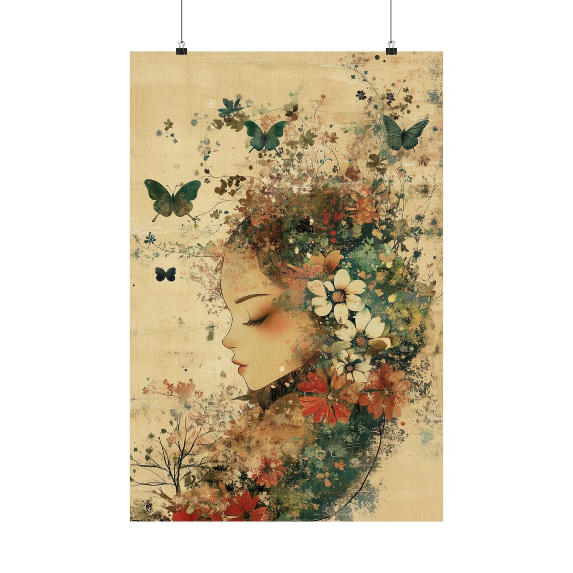 Woman Profile Blooming Flowers Butterflies Vintage Art Poster