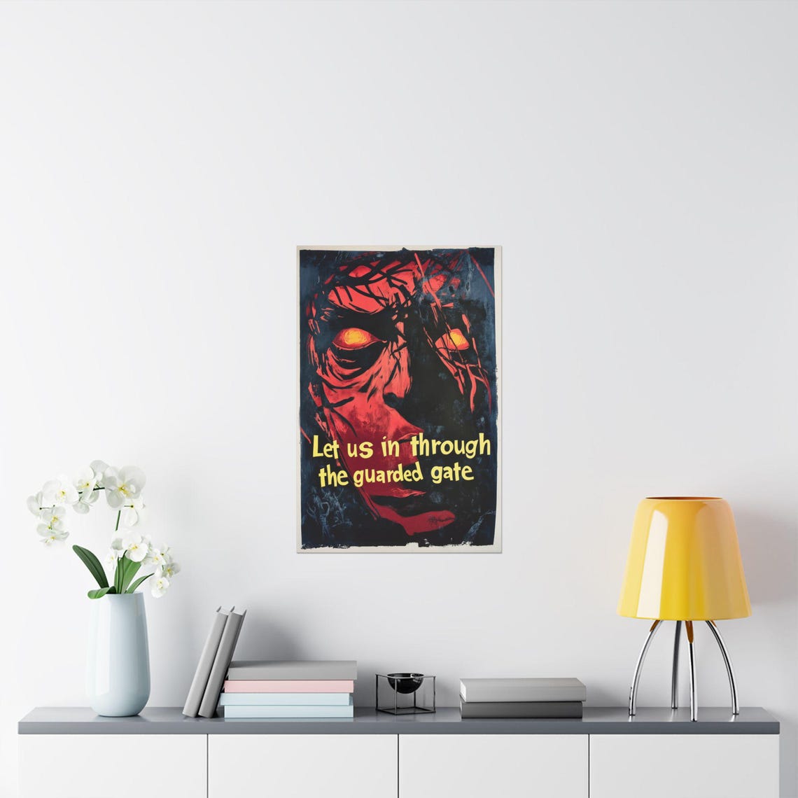 Let Us In Through the Guarded Gate Red Demon Face Protest Art Poster - Image 2