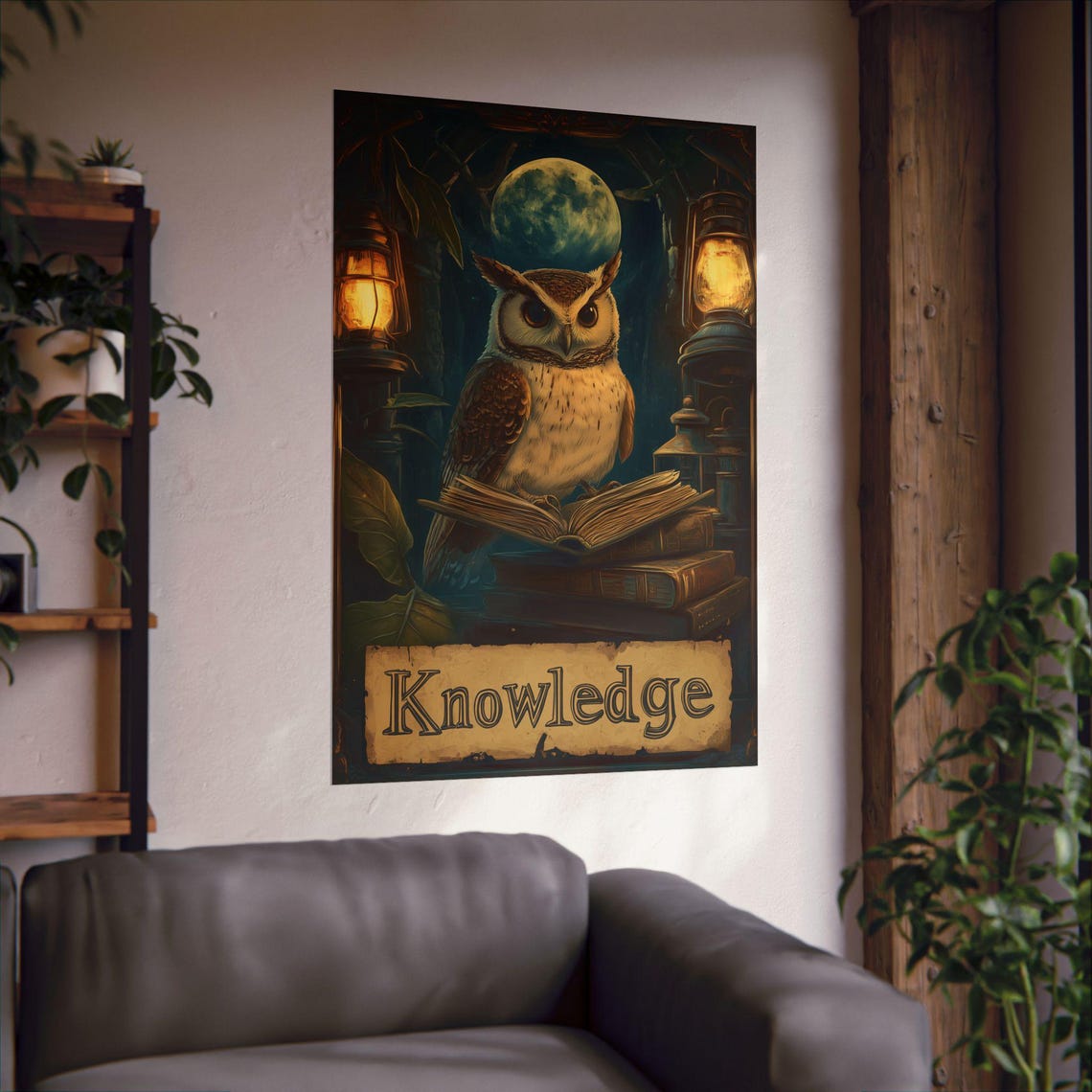 Knowledge Owl Books Moonlit Night Library Vintage Art Poster