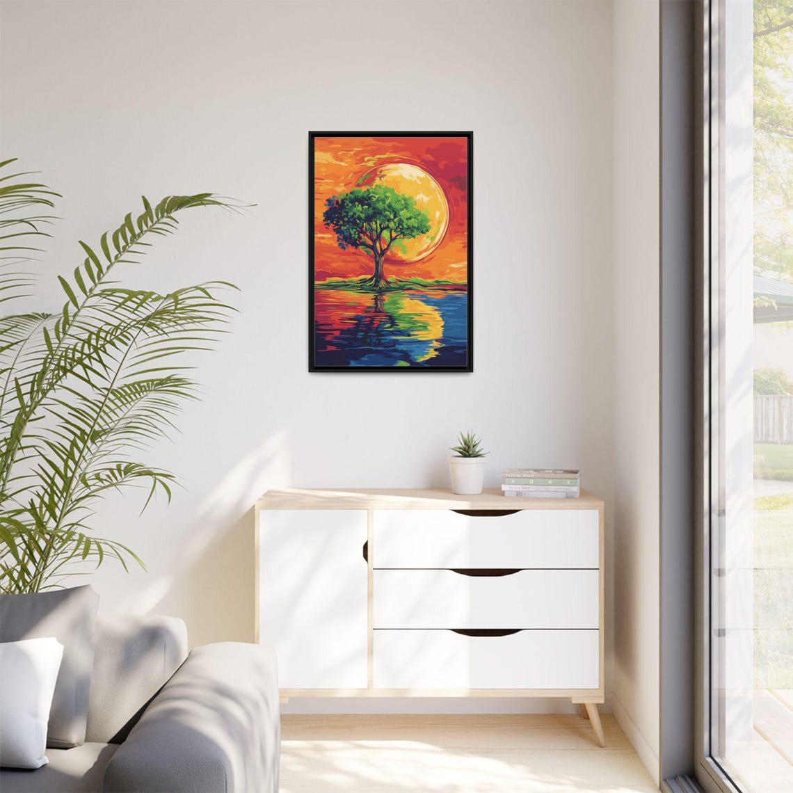 Lone Tree Before Giant Golden Sun Mirrored in Water Landscape Print - Image 2