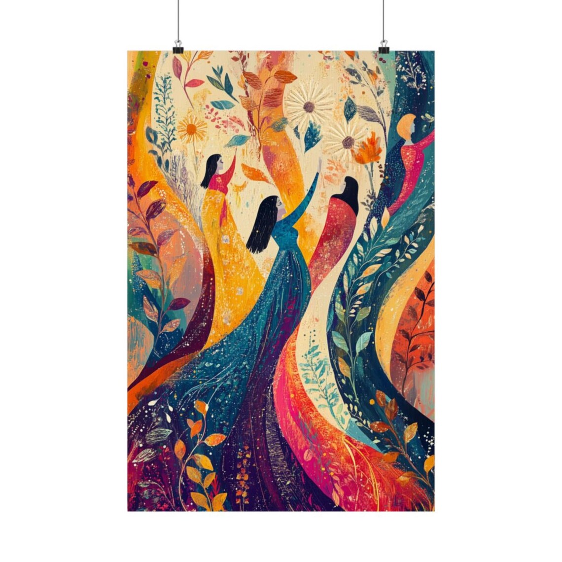 On the Rise Colorful Dancing Women Whimsical Floral Art Poster
