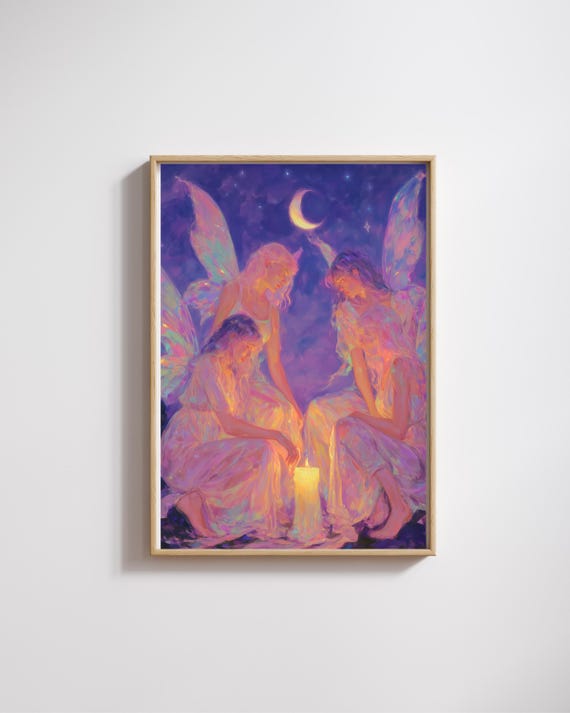 Fairies Under Crescent Moon Dreamy Night Gathering Art Poster
