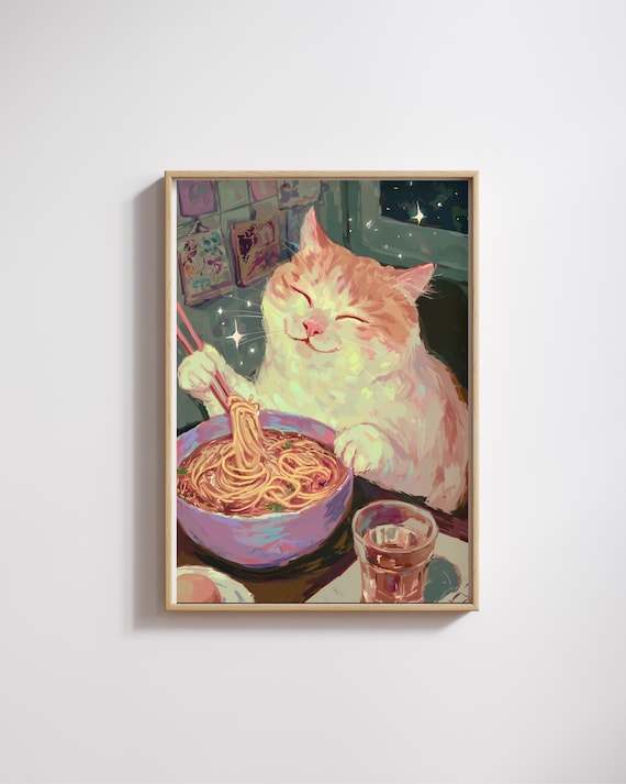 Happy Cat Eating Ramen Noodles Cozy Kawaii Kitchen Art Poster