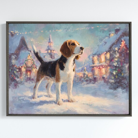 Beagle Snowy Christmas Village Winter Lights Impressionist Dog Poster