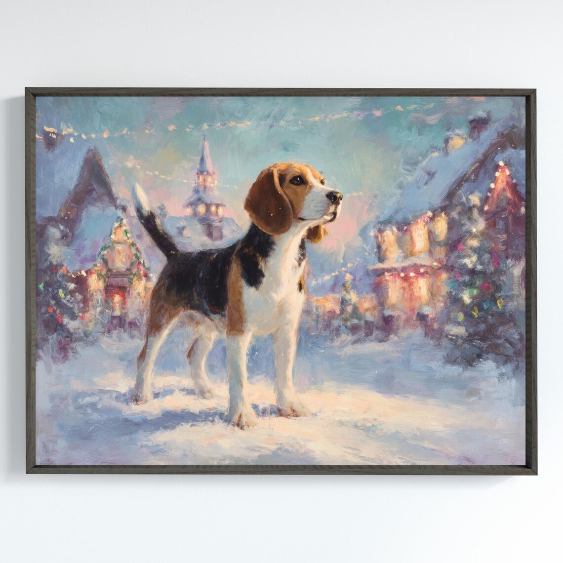 Beagle Snowy Christmas Village Winter Lights Impressionist Dog Poster