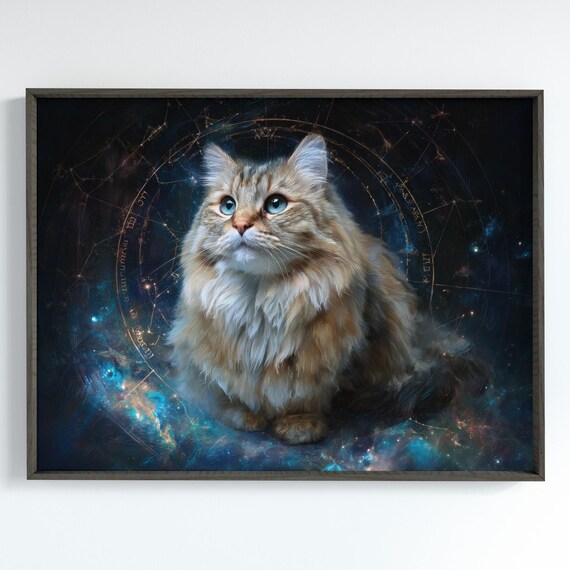 Siberian Cat Zodiac Art Print Celestial Wall Gold And Blue Nebula Painting Gift Mystical Starry Night Star Map