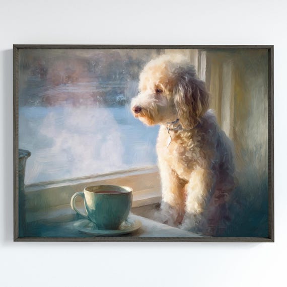 Poodle Monet Style Art Print Impressionist Dog Painting Cozy Winter Window Wall Lover Gift Tea And