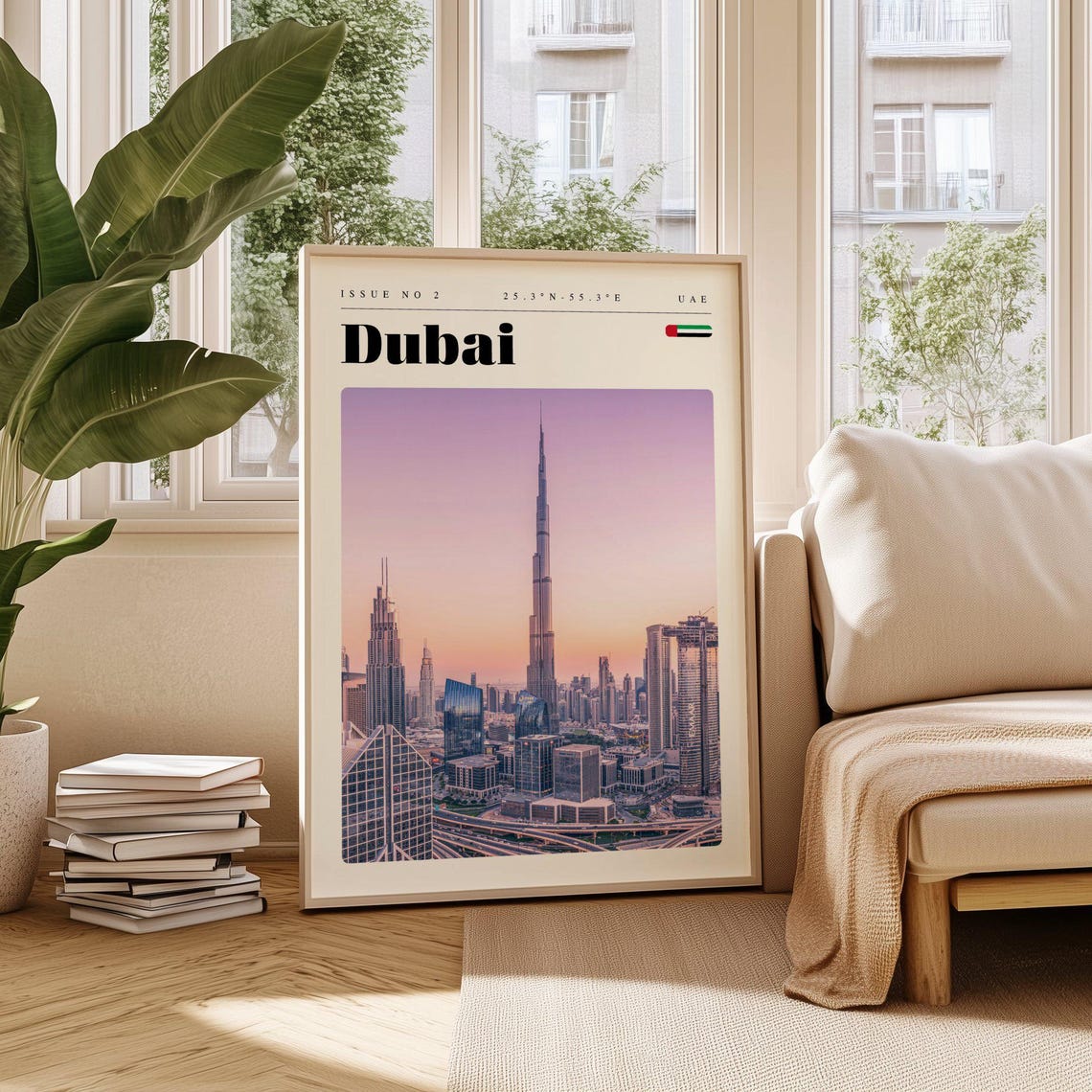 Dubai UAE Burj Khalifa Skyline Sunset Glow Modern Travel Poster