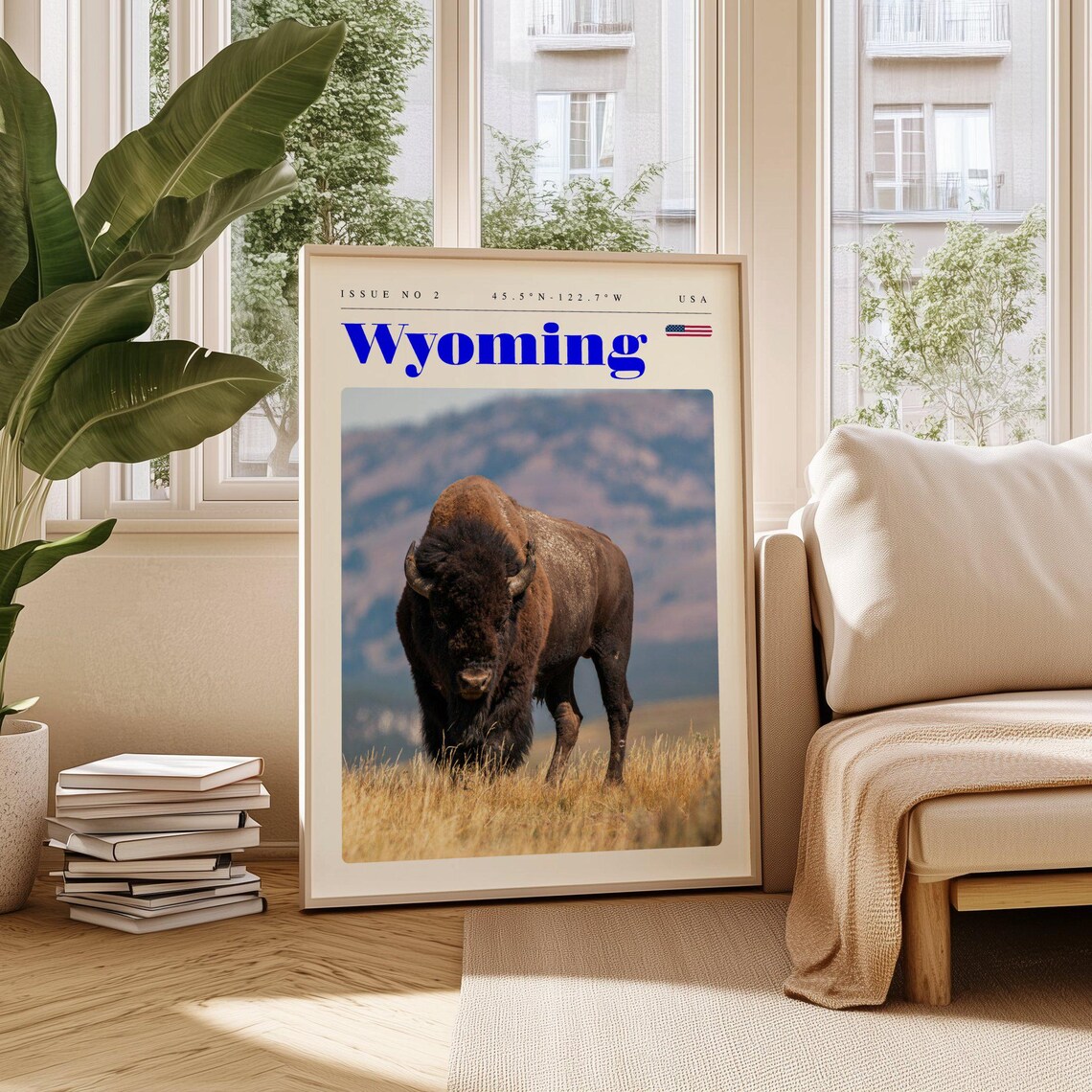 Wyoming Bison Standing in Golden Prairie Wildlife Travel Poster