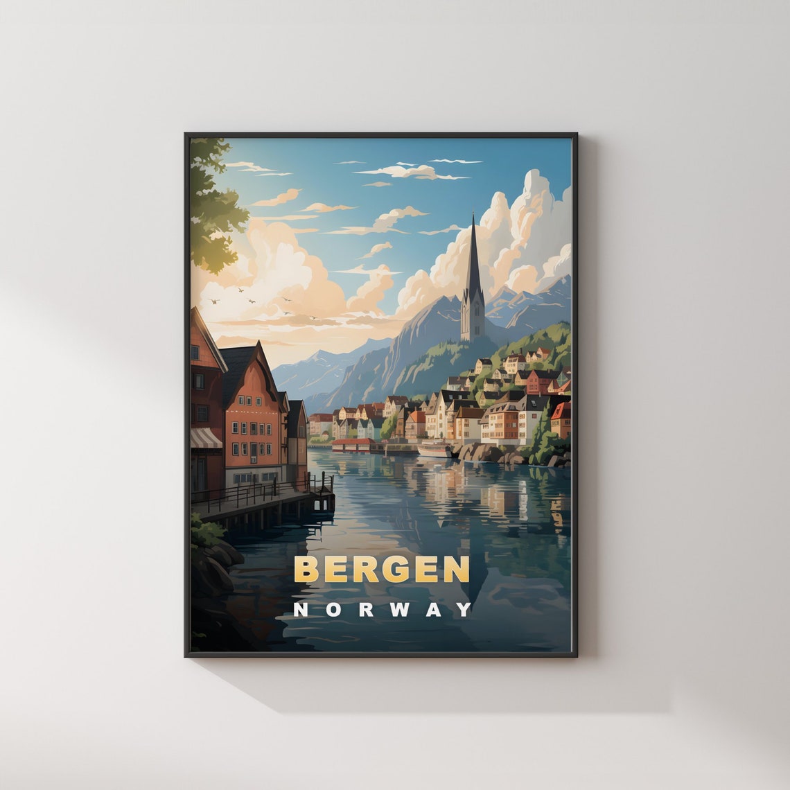 Bergen Norway Waterfront Reflection Mountain Lake View Travel Poster - Image 2