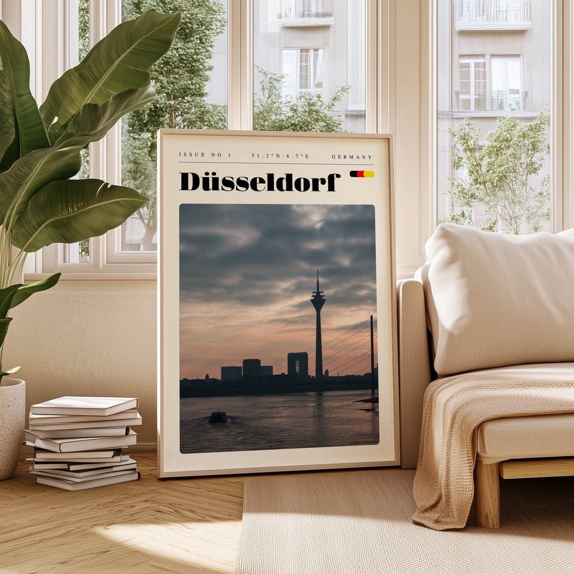 Dusseldorf Germany TV Tower Silhouette River Sunset Travel Poster