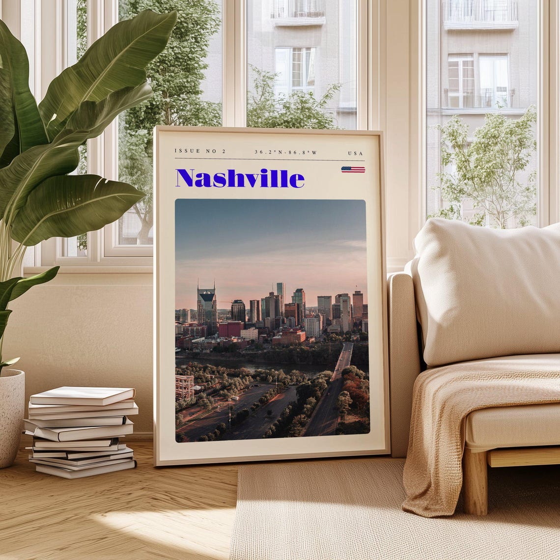 Nashville USA Downtown Skyline at Sunset River Travel Poster Art