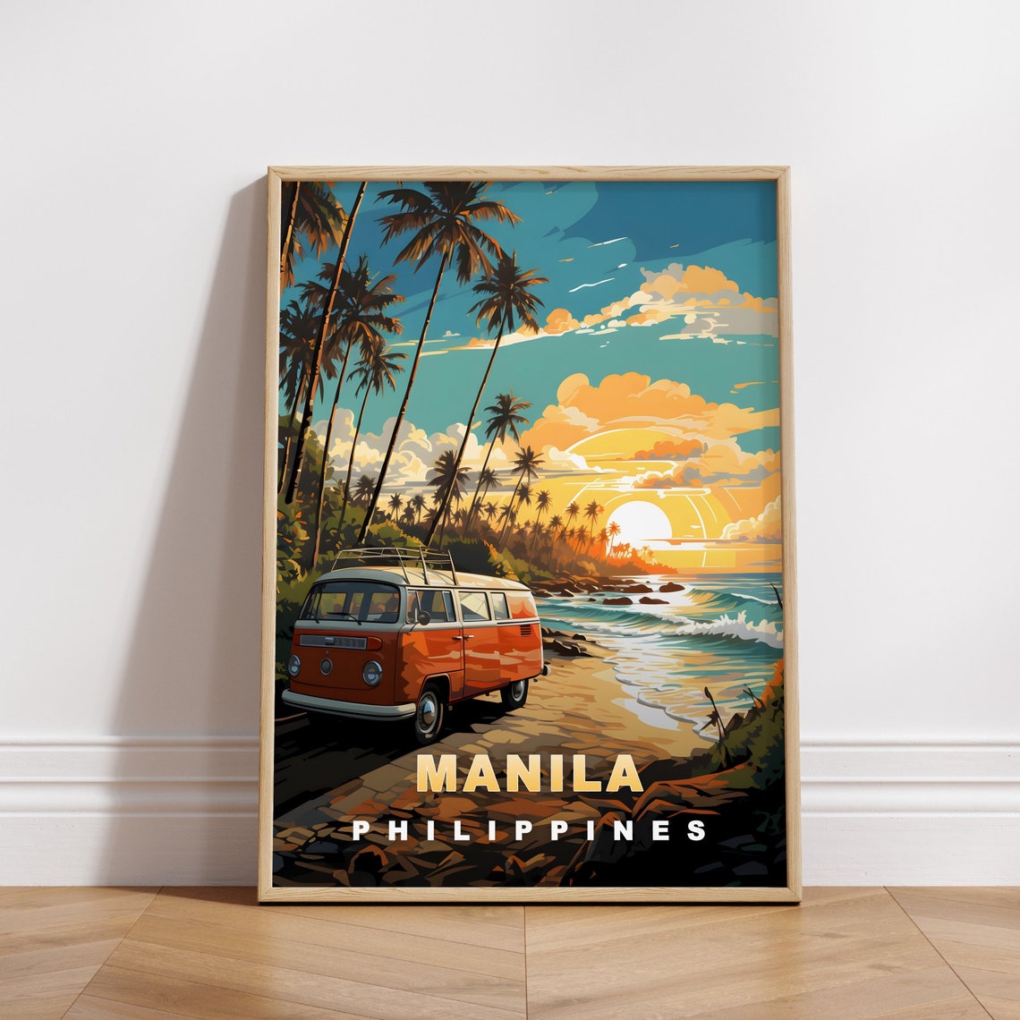 Manila Philippines Sunset Beach Camper Van Retro Travel Poster