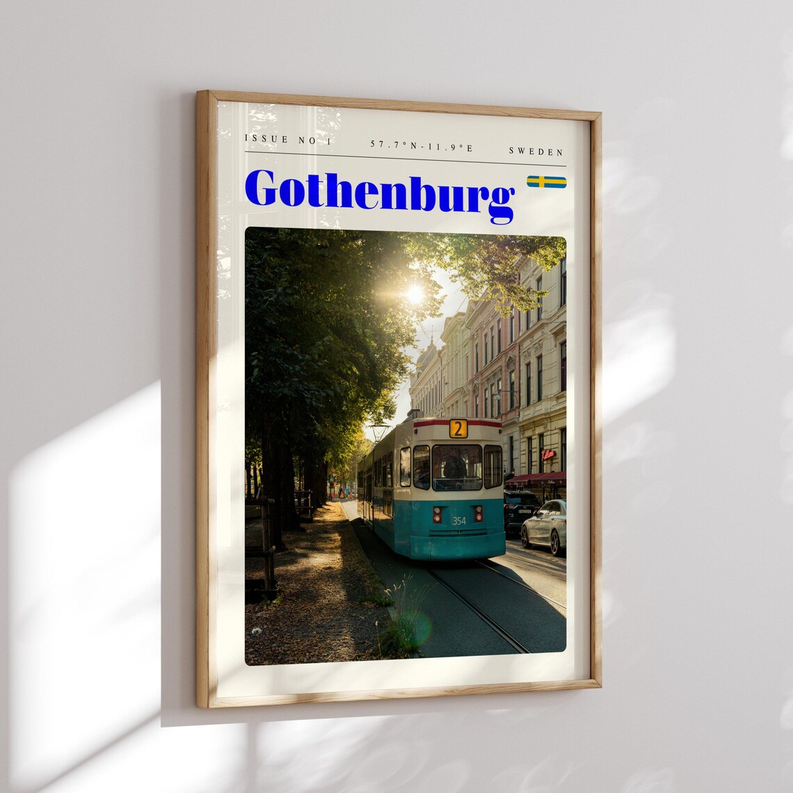 Gothenburg Sweden Vintage Blue Tram Tree Lined Street Travel Poster - Image 2