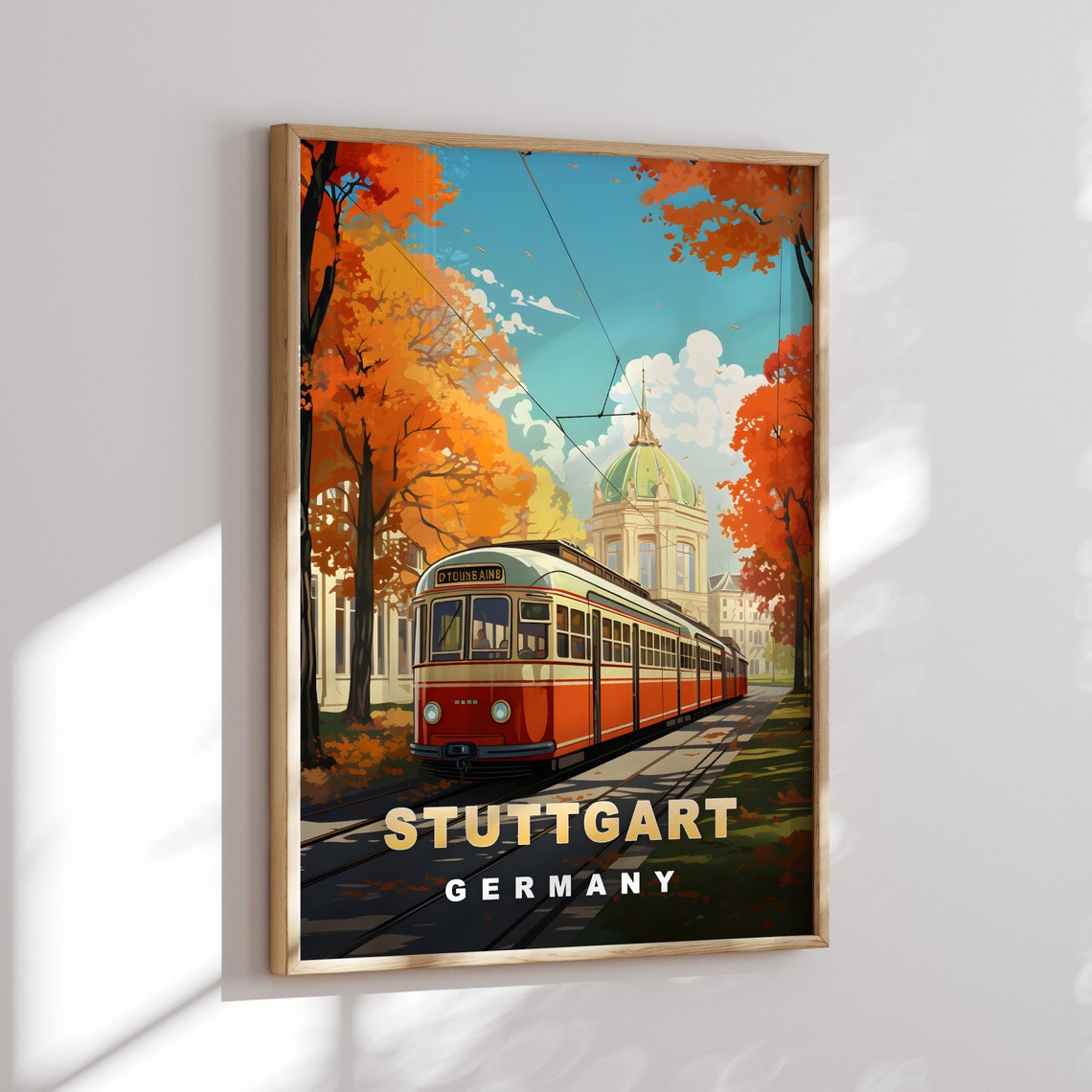 Stuttgart Germany Vintage Red Tram Autumn Trees City Travel Poster - Image 2