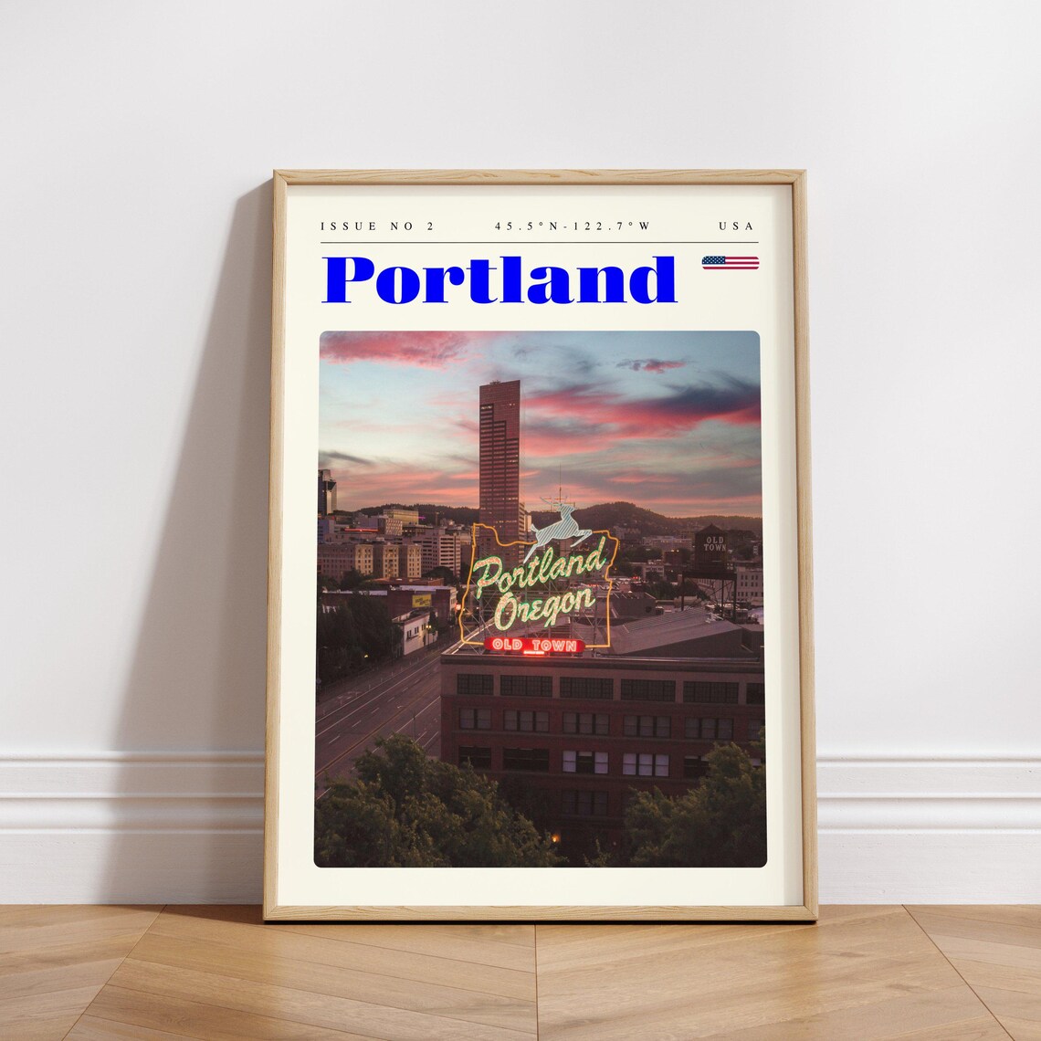Portland Oregon Old Town Neon Sign Dusk Skyline Travel Poster - Image 3