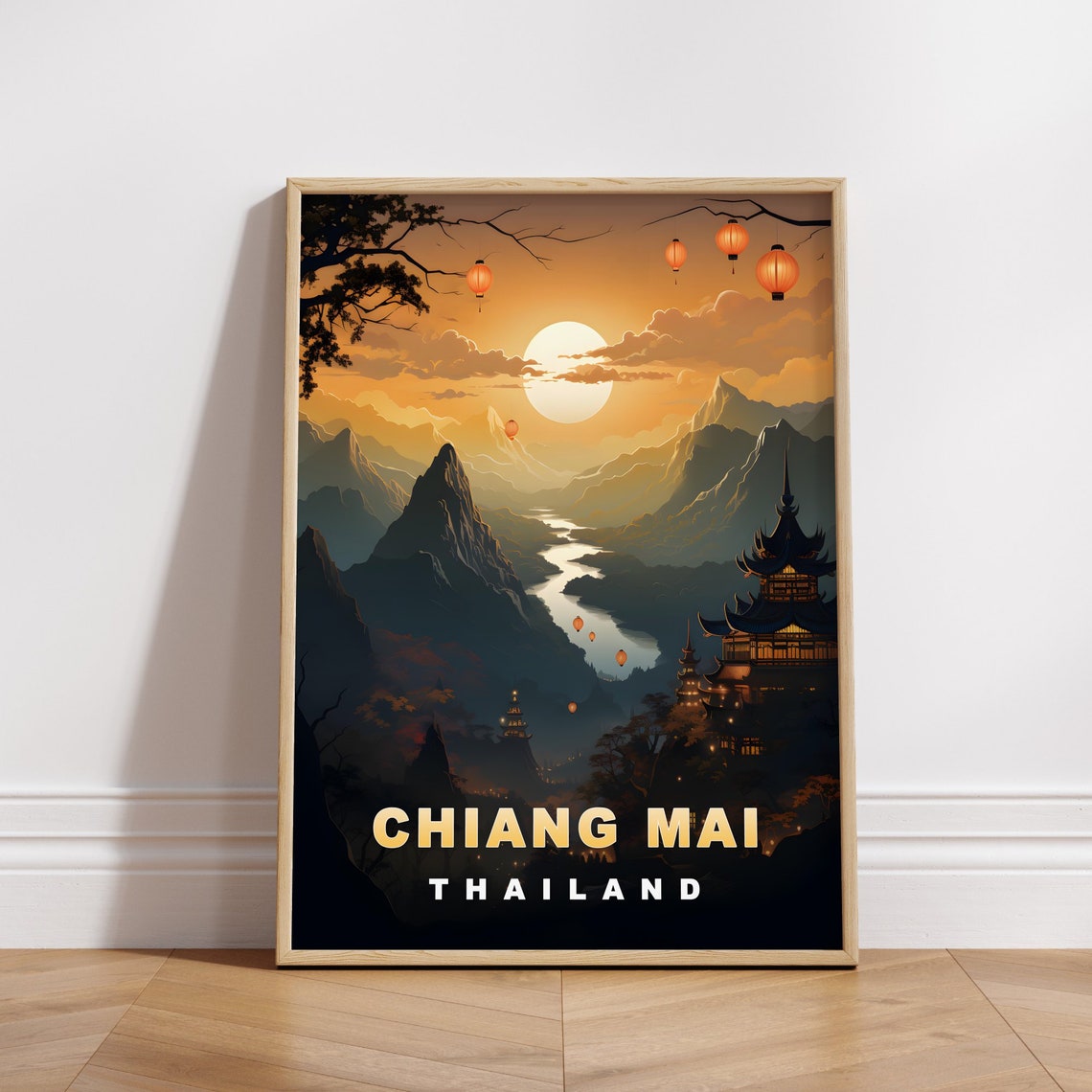 Chiang Mai Thailand Night Mountains Temple Lanterns Travel Poster